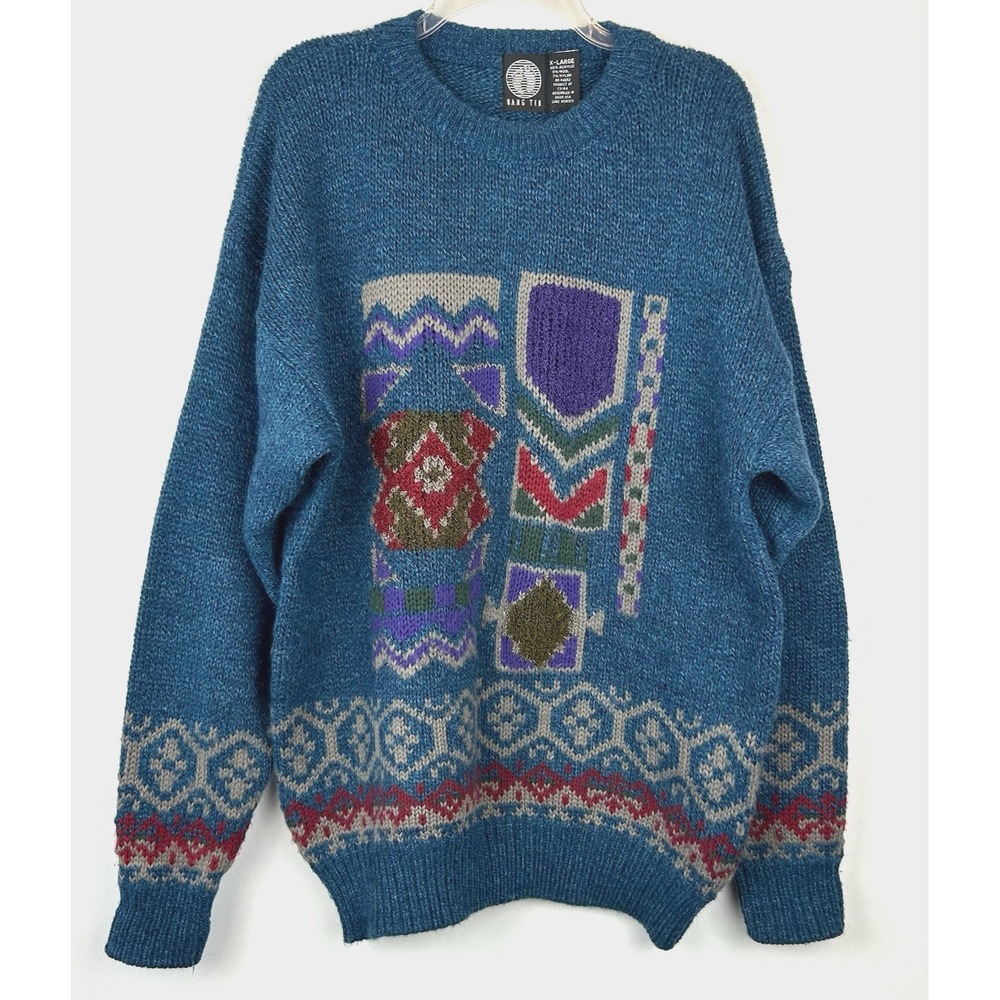 Vintage 90s Hang Ten Sweater Mens XL Blue Unique Retro 80s Throw Back Casual
